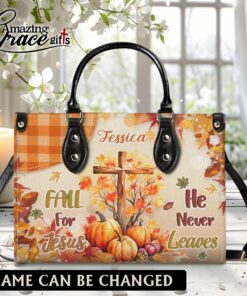 Autumn Jesus Cross Pumpkins Fall For Jesus He Never Leaves - Leather Handbag L