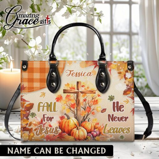 Autumn Jesus Cross Pumpkins Fall For Jesus He Never Leaves - Leather Handbag M