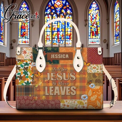 Autumn Fall For Jesus He Never Leaves - Leather Handbag M - Image 8
