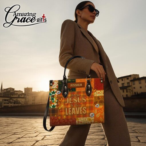 Autumn Fall For Jesus He Never Leaves - Leather Handbag M - Image 4