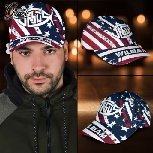 American Flag Jesus Christ Fish Patriotic Christian - Classic Cap - Image 3