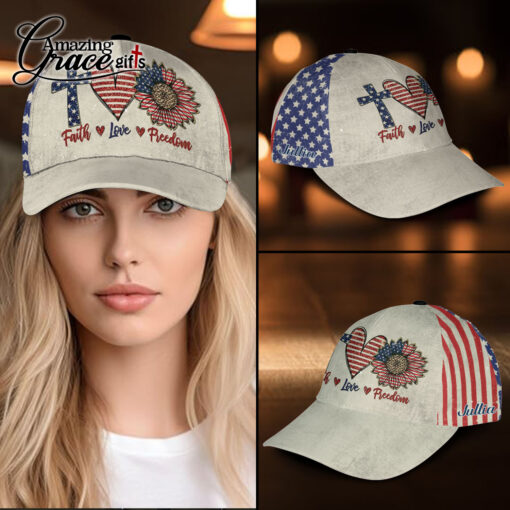 American Flag Sunflower Faith Love Freedom Patriotic Christian - Classic Cap - Image 3