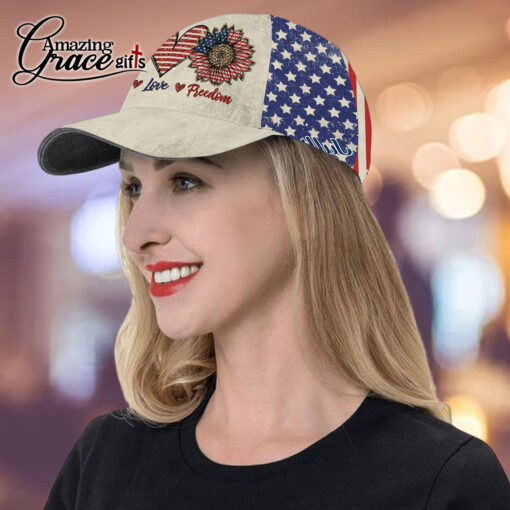 American Flag Sunflower Faith Love Freedom Patriotic Christian - Classic Cap - Image 5