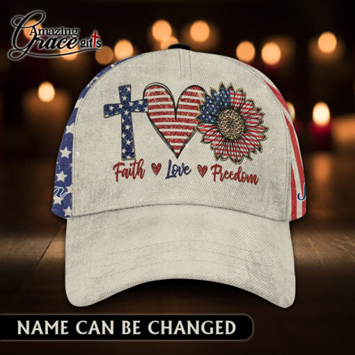 American Flag Sunflower Faith Love Freedom Patriotic Christian - Classic Cap