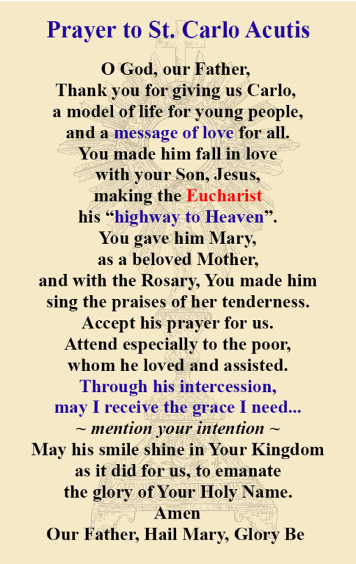 Prayer For St. Carlo Acutis - Printed Metal Card - AGG2887 - Image 3
